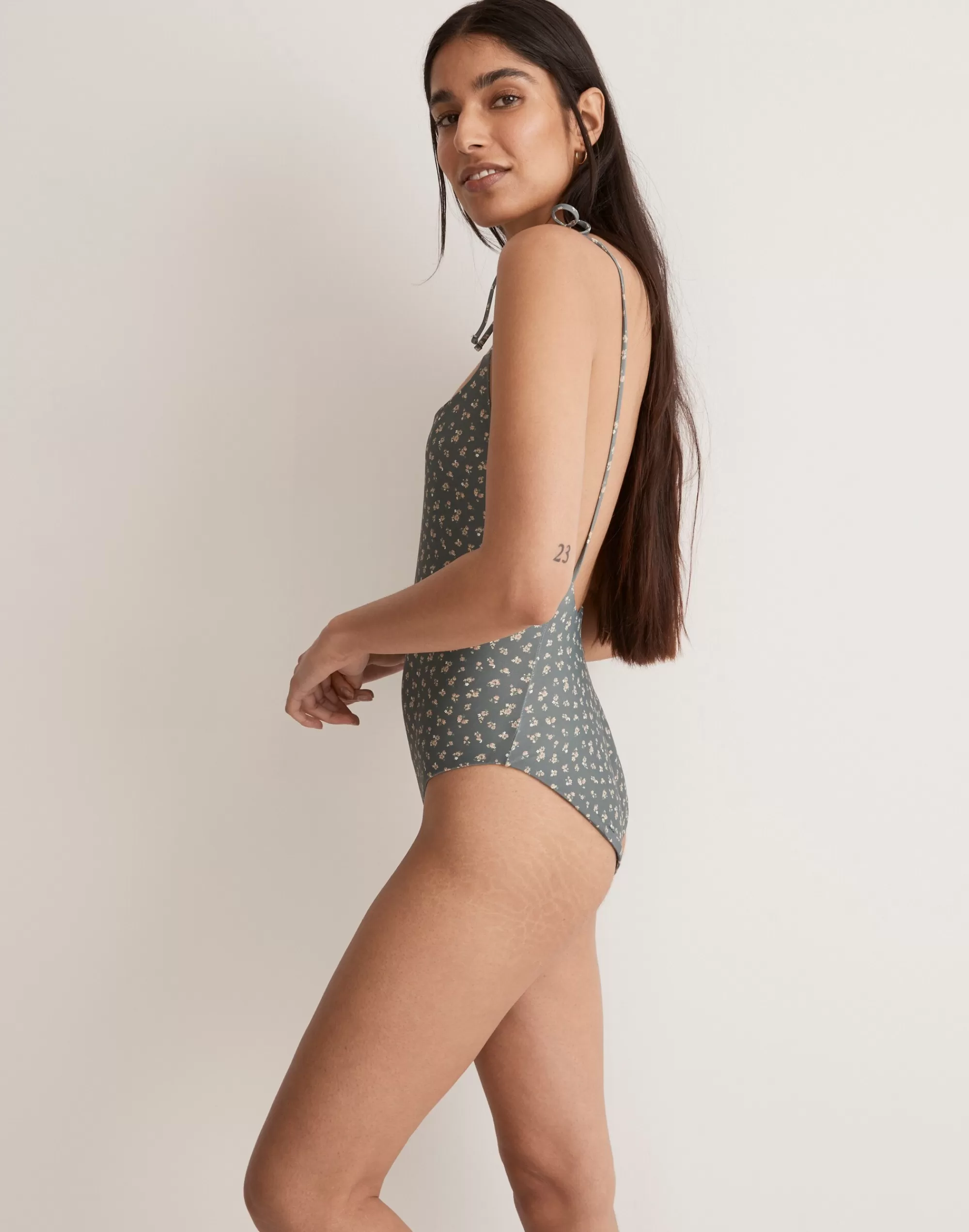 Madewell Swim>Tie Spaghetti-Strap One-Piece Swimsuit Architect Green