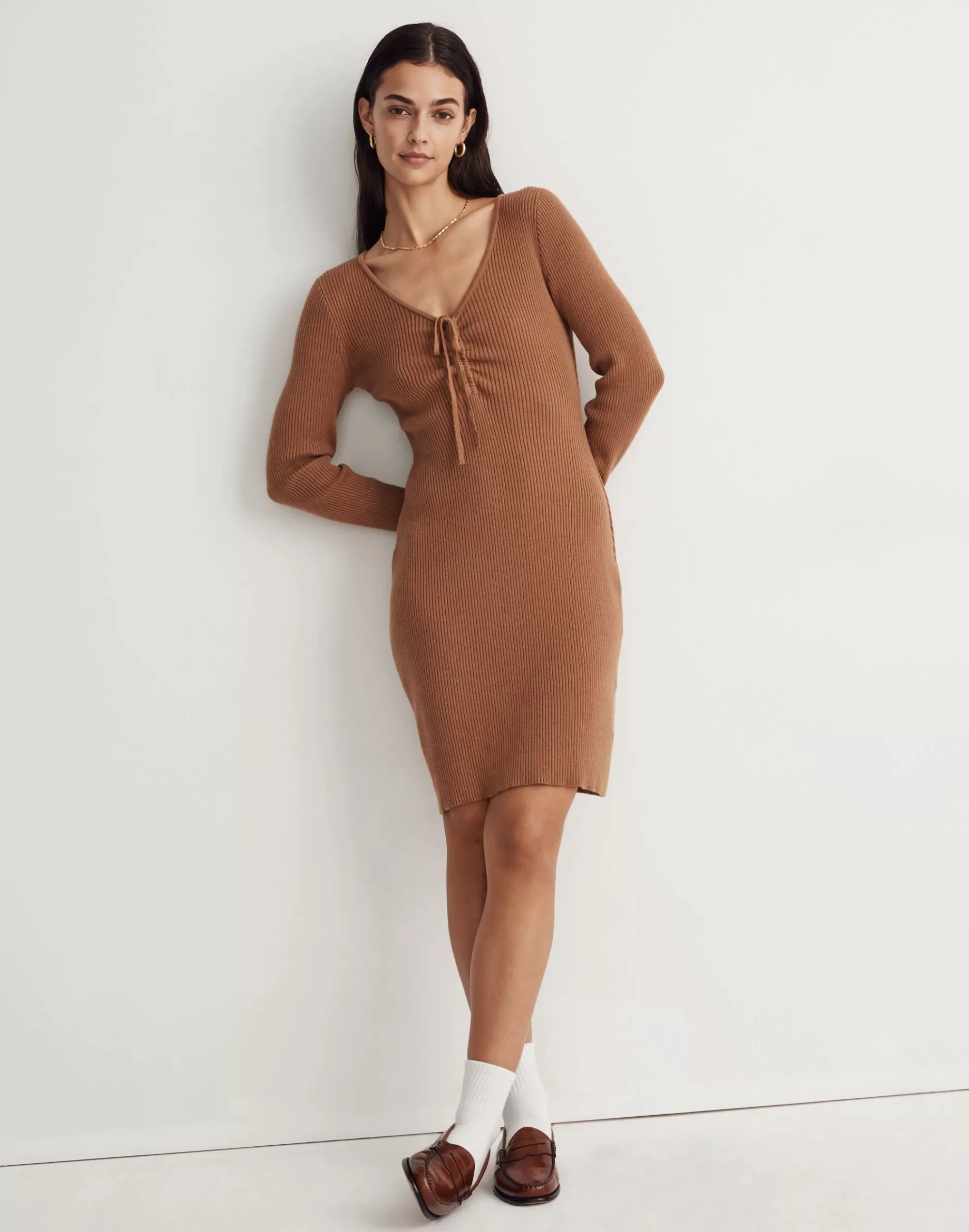 Madewell Dresses>Tie-Front Ruched Bodycon Mini Dress Hthr Cedar