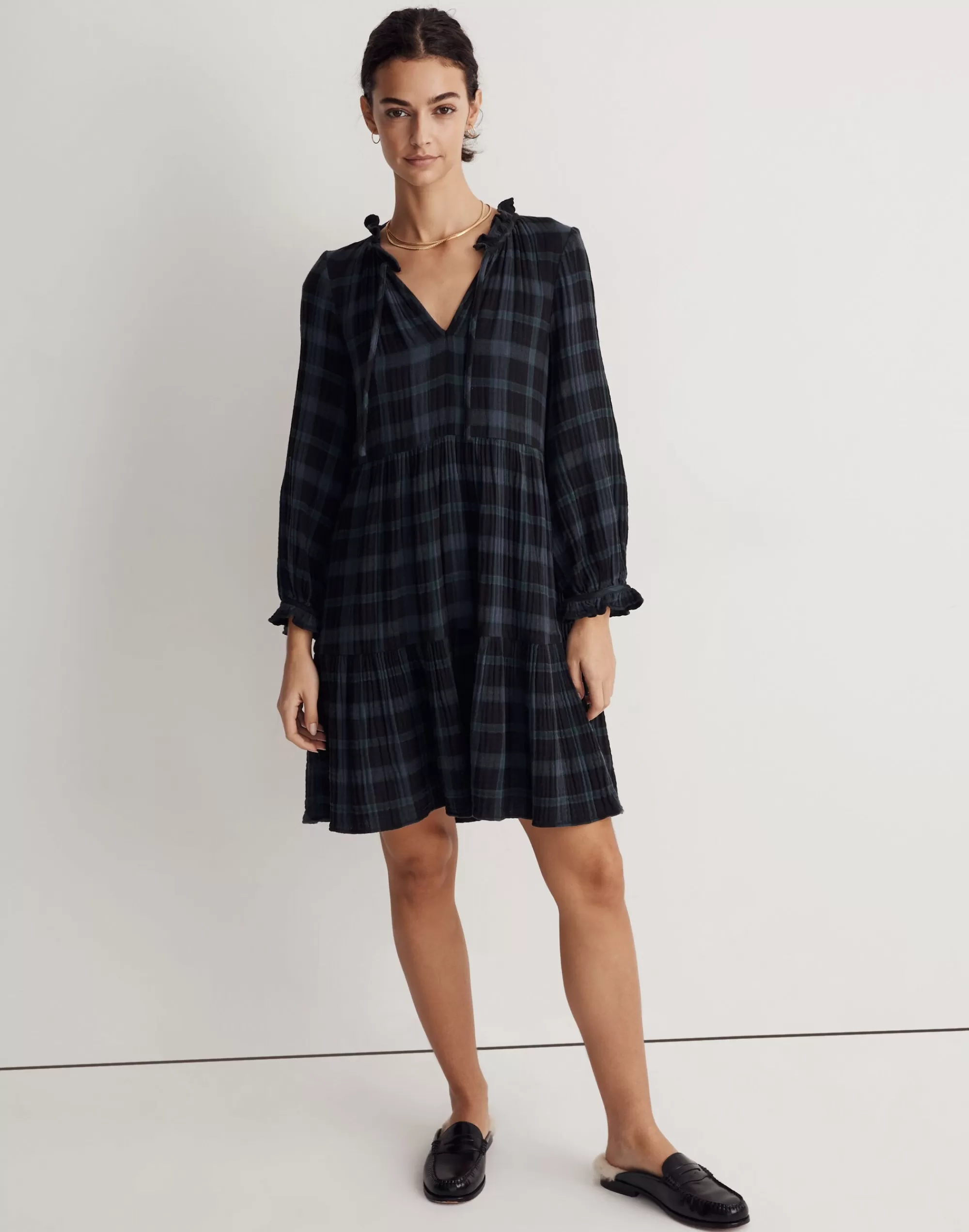 Madewell Dresses>Tie-Neck Tiered Mini Dress Inplaid Dark Baltic