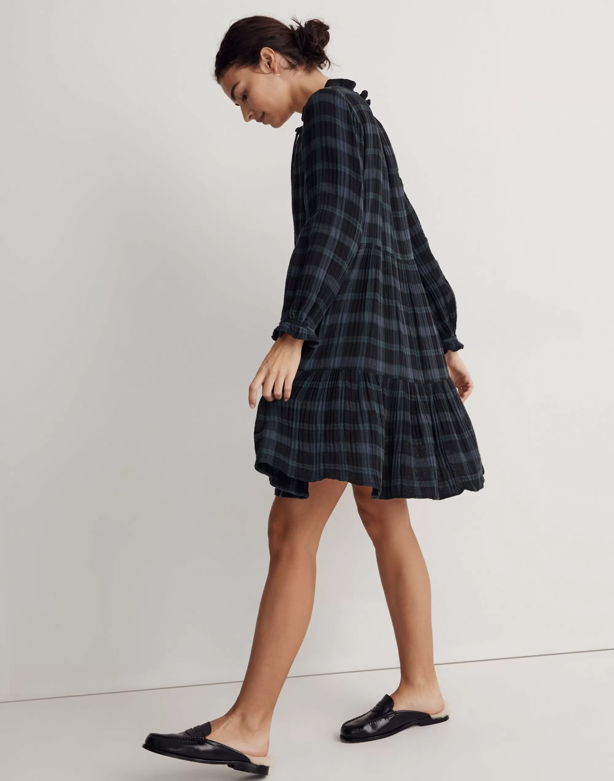 Madewell Dresses>Tie-Neck Tiered Mini Dress Inplaid Dark Baltic