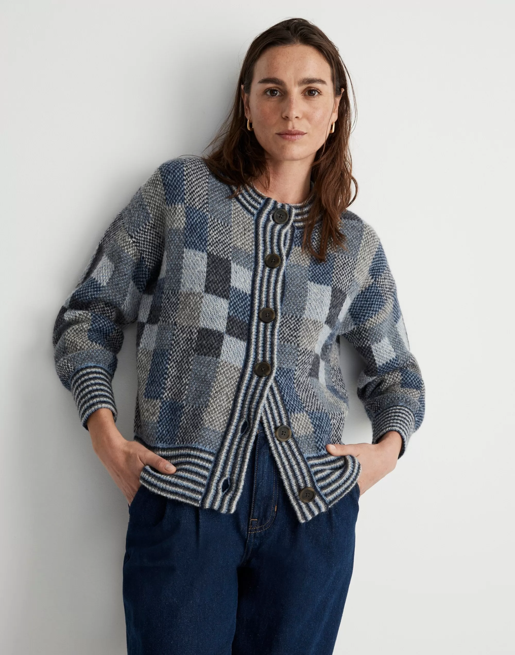 Madewell Sweaters>Tomar Patchwork Jacquard Cardigan Sweater Heather Coastline