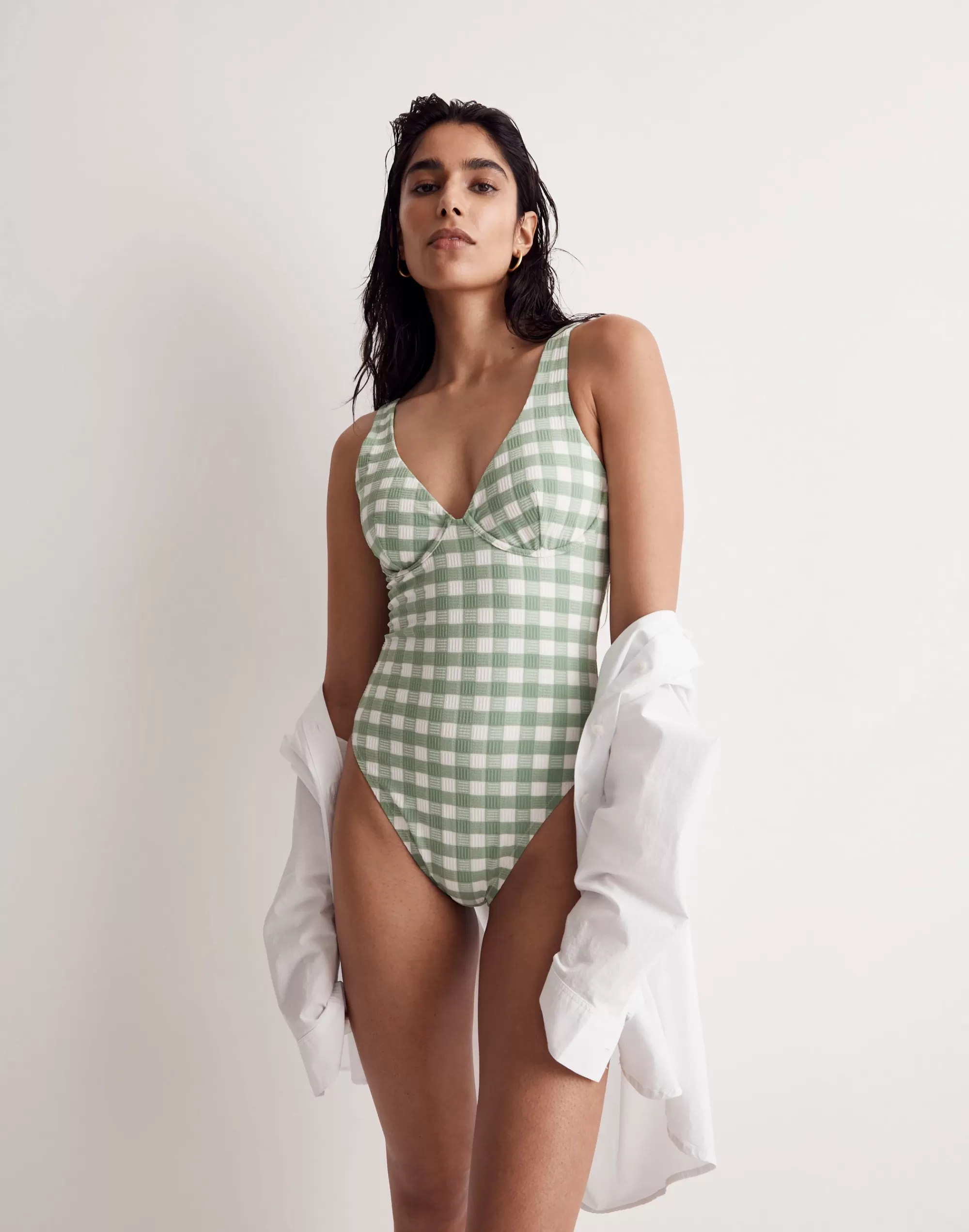 Madewell Swim>Underwire Open-Back One-Piece Swimsuit In Check Gatehouse Green