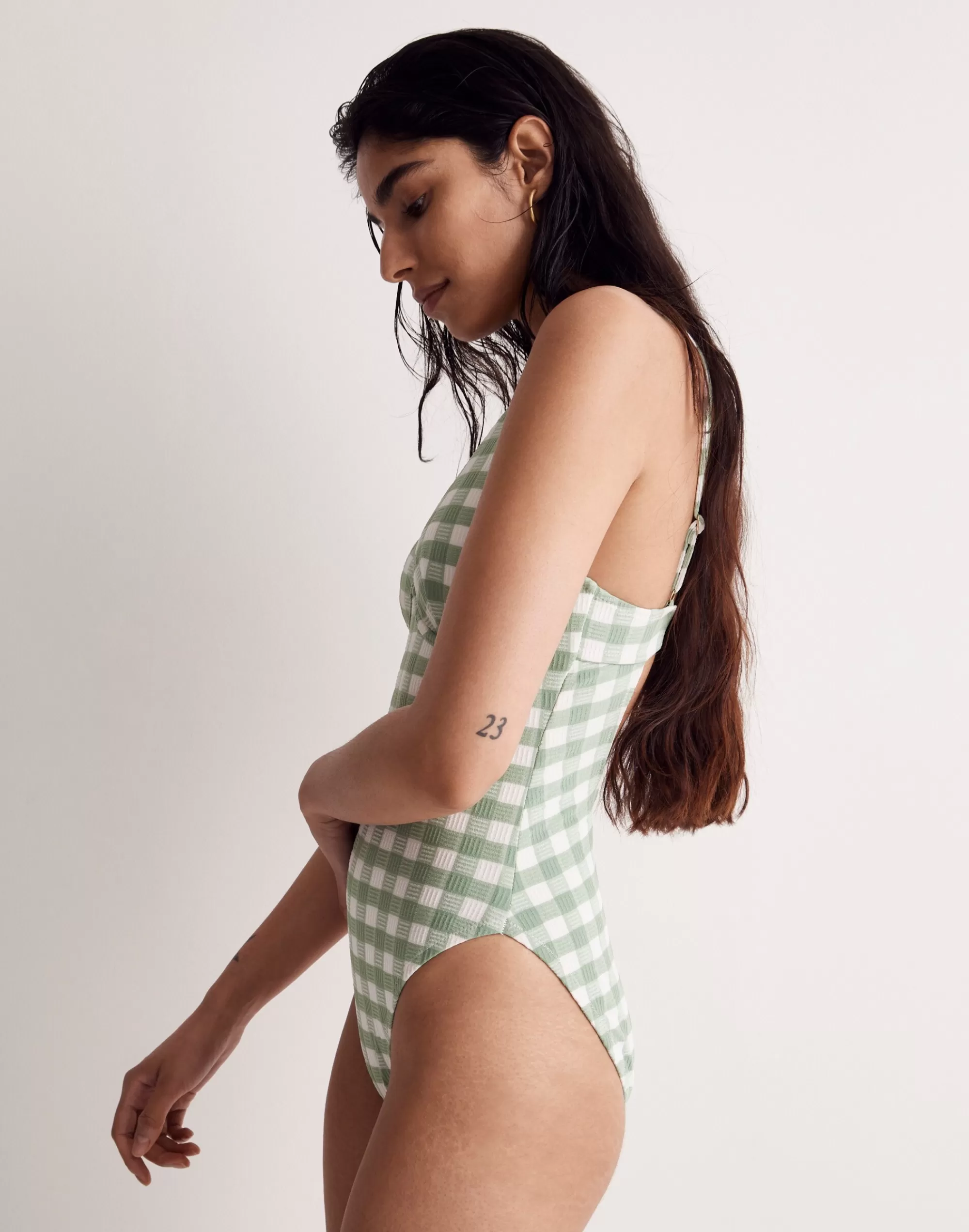 Madewell Swim>Underwire Open-Back One-Piece Swimsuit In Check Gatehouse Green