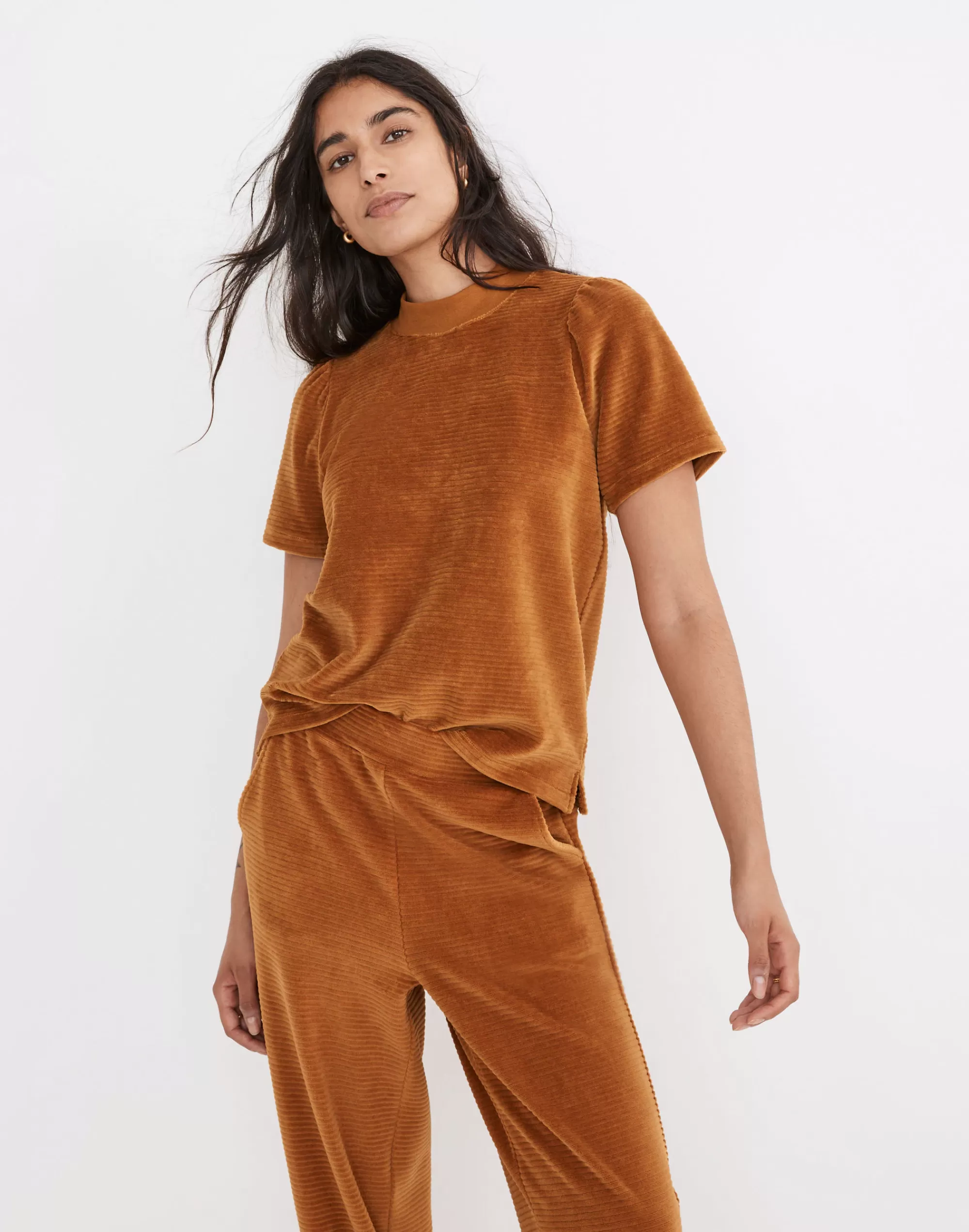 Madewell Tees>Velour Corduroy Mockneck Top Acorn