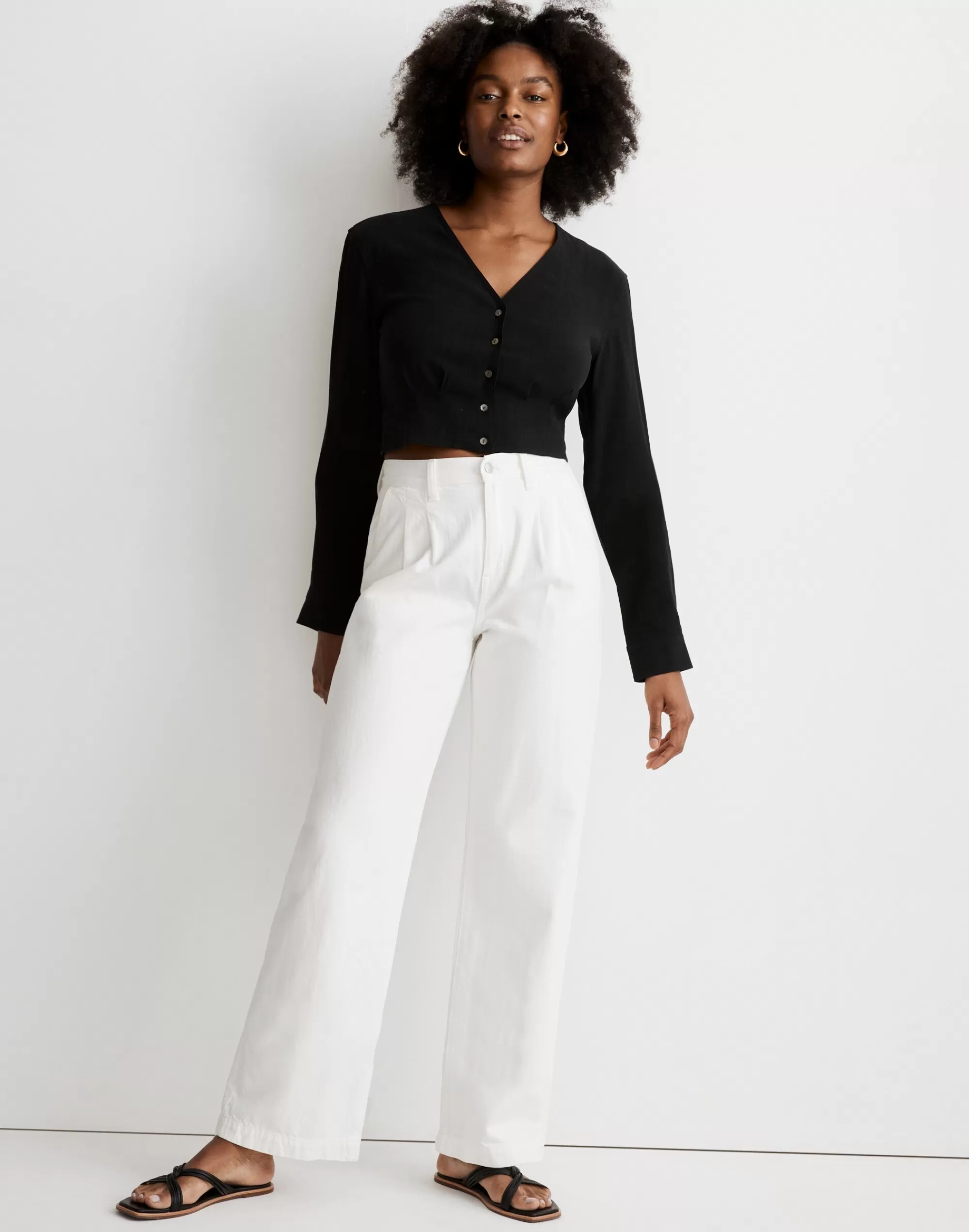 Madewell Tops & Shirts>V-Neck Button-Front Crop Shirt In Lusterweave True Black