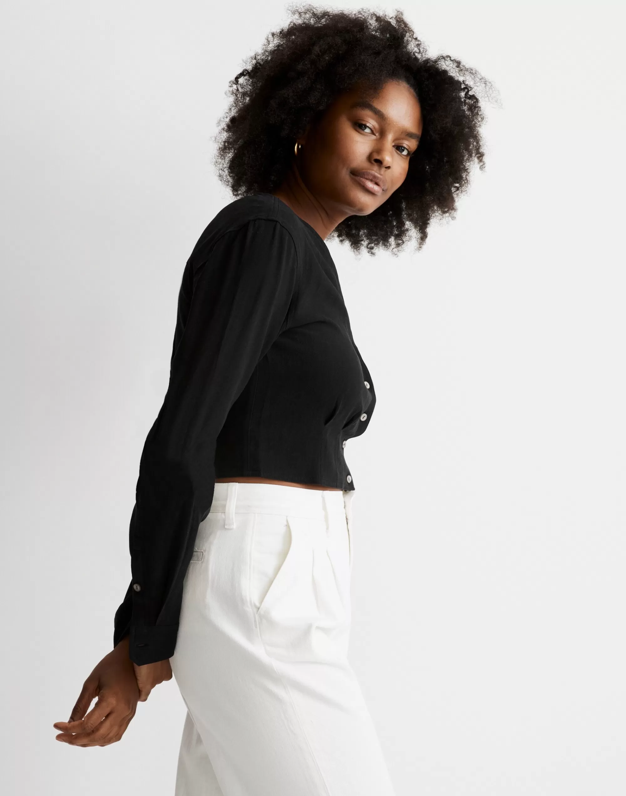 Madewell Tops & Shirts>V-Neck Button-Front Crop Shirt In Lusterweave True Black