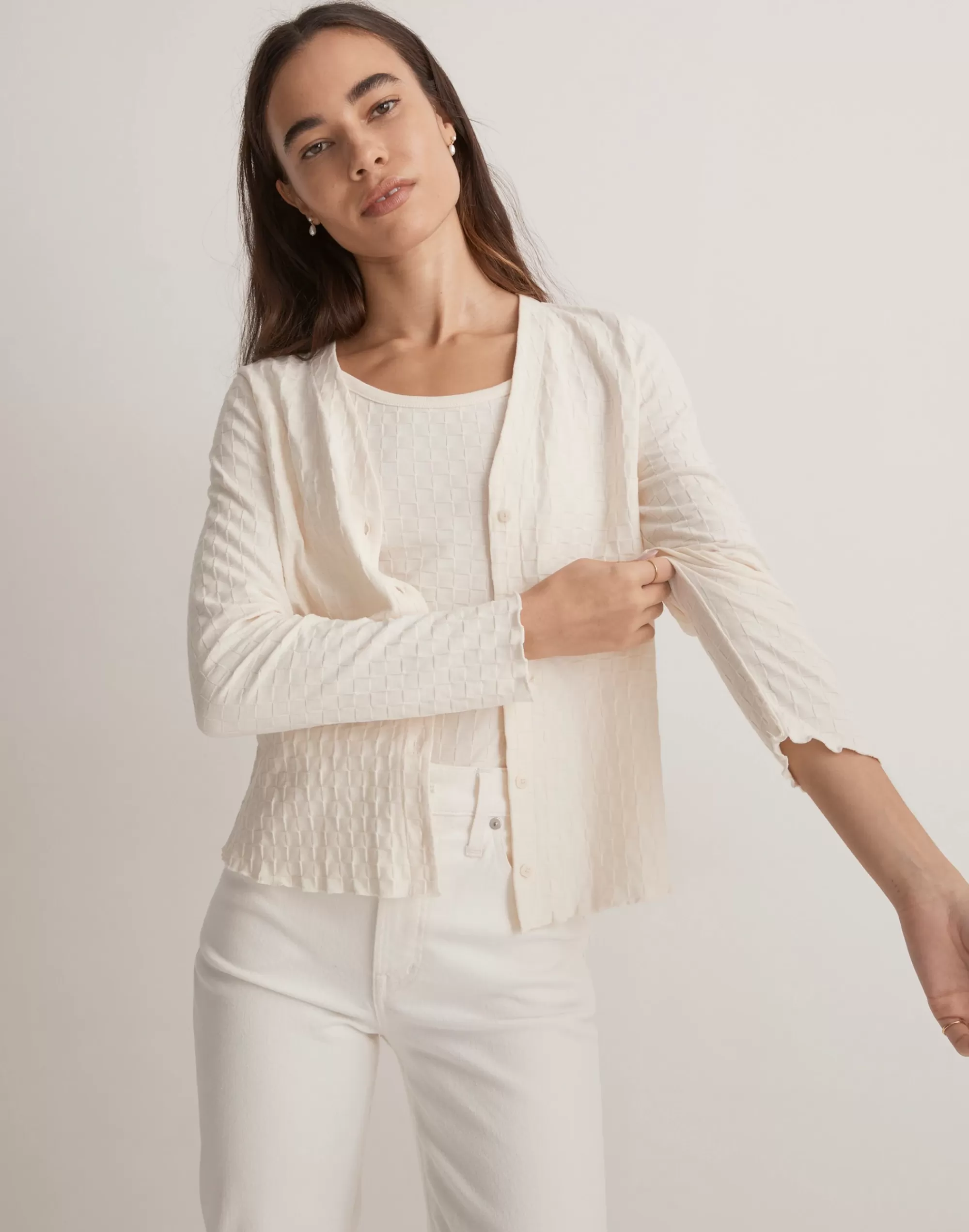 Madewell Tees>V-Neck Cardigan In Checkerboard Jacquard Antique Cream