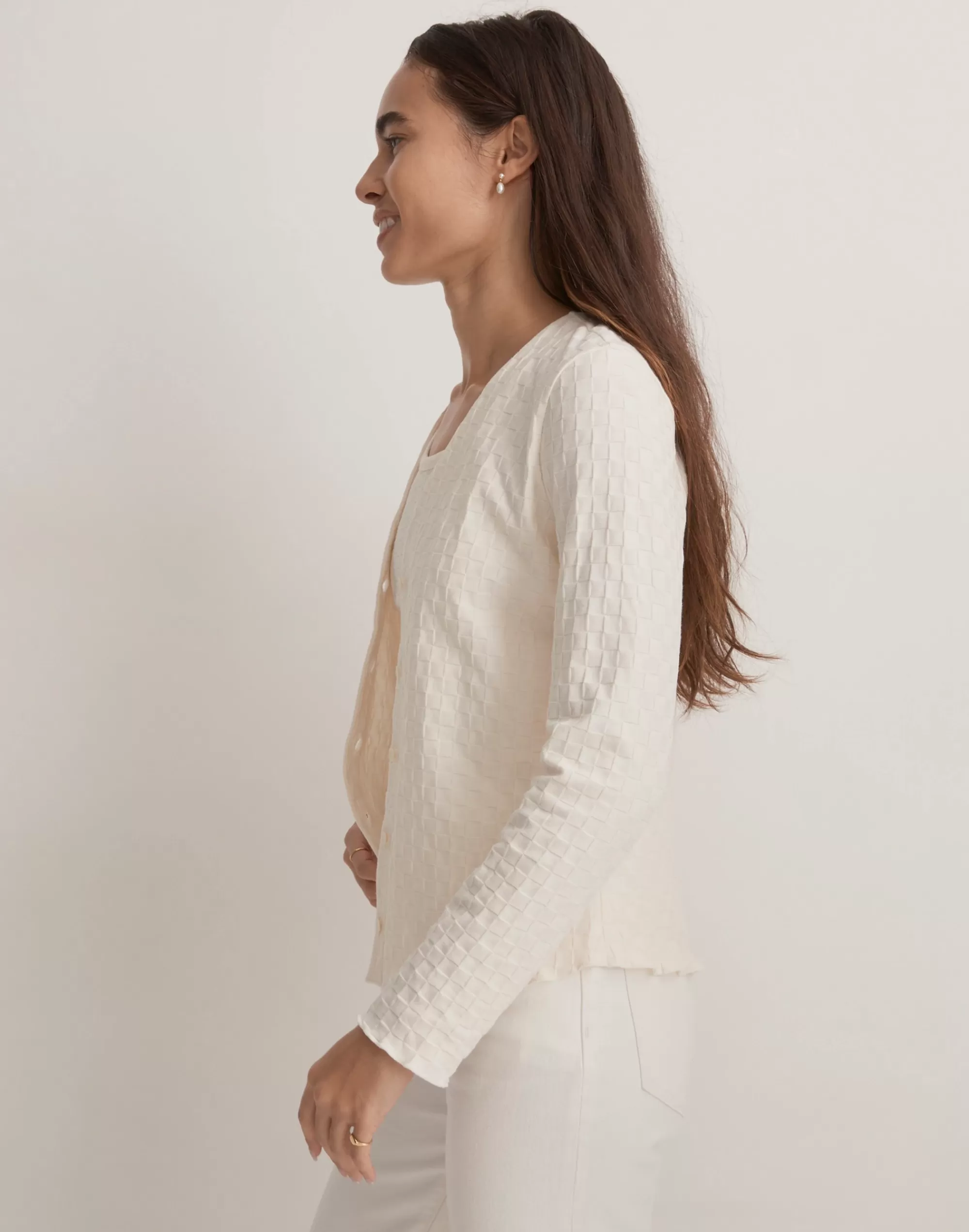 Madewell Tees>V-Neck Cardigan In Checkerboard Jacquard Antique Cream