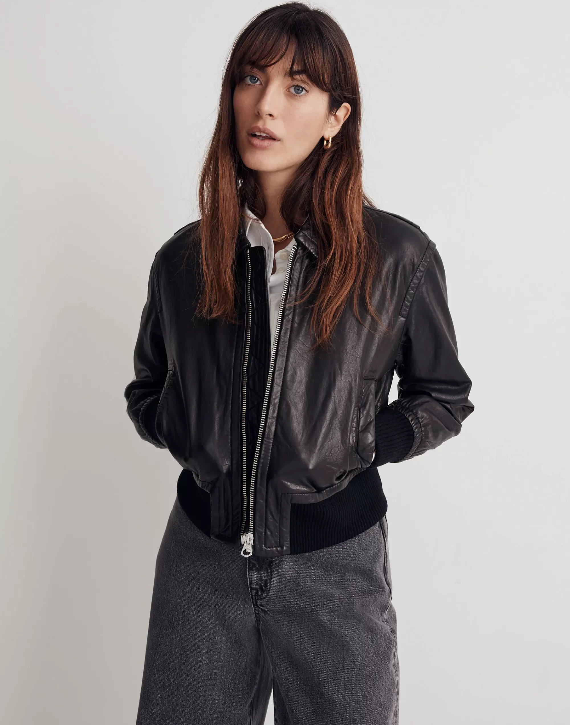 Madewell Jackets>Washed Leather Crop Bomber Jacket True Black