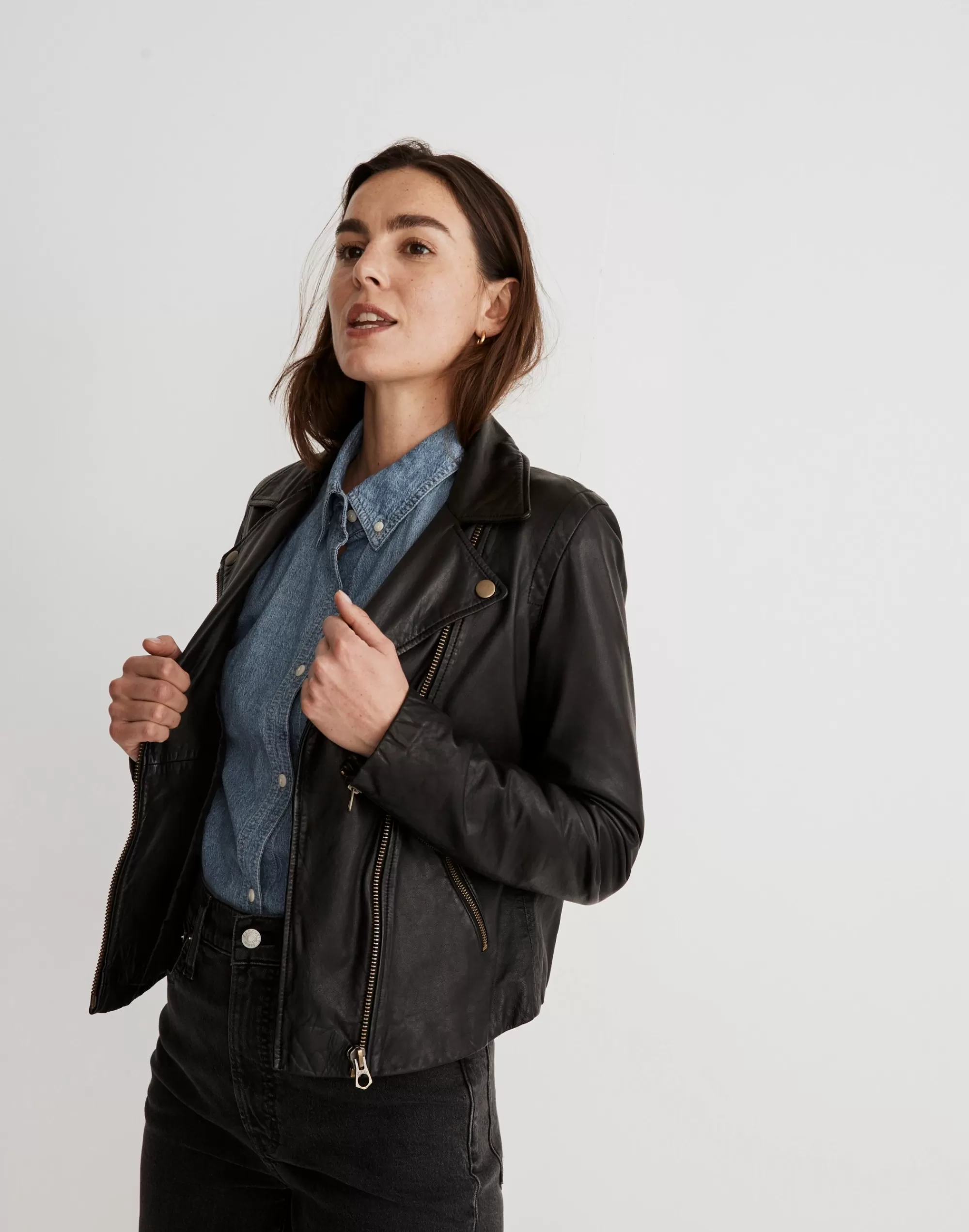 Madewell Jackets>Washed Leather Motorcycle Jacket: Brass Hardware Edition True Black