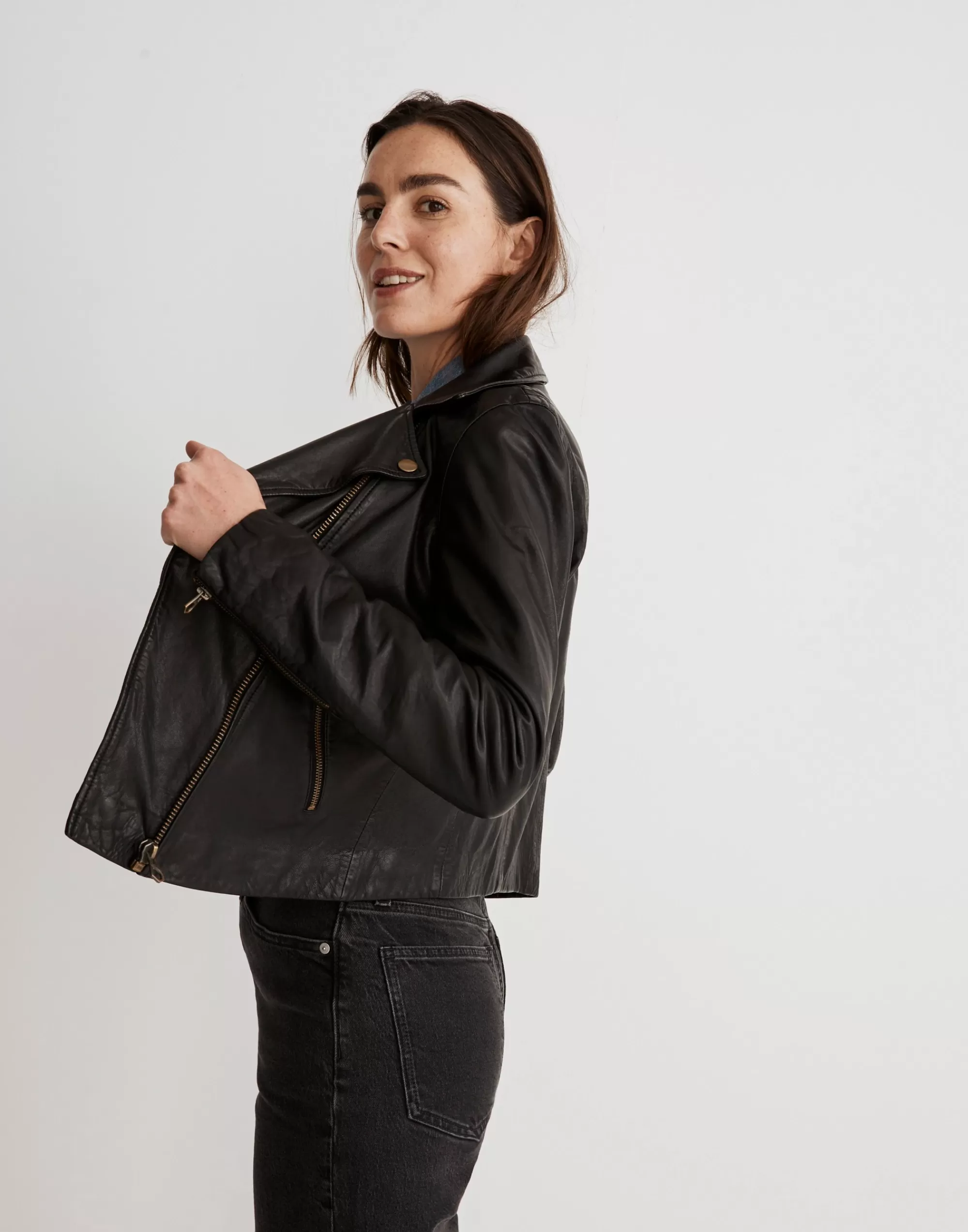 Madewell Jackets>Washed Leather Motorcycle Jacket: Brass Hardware Edition True Black