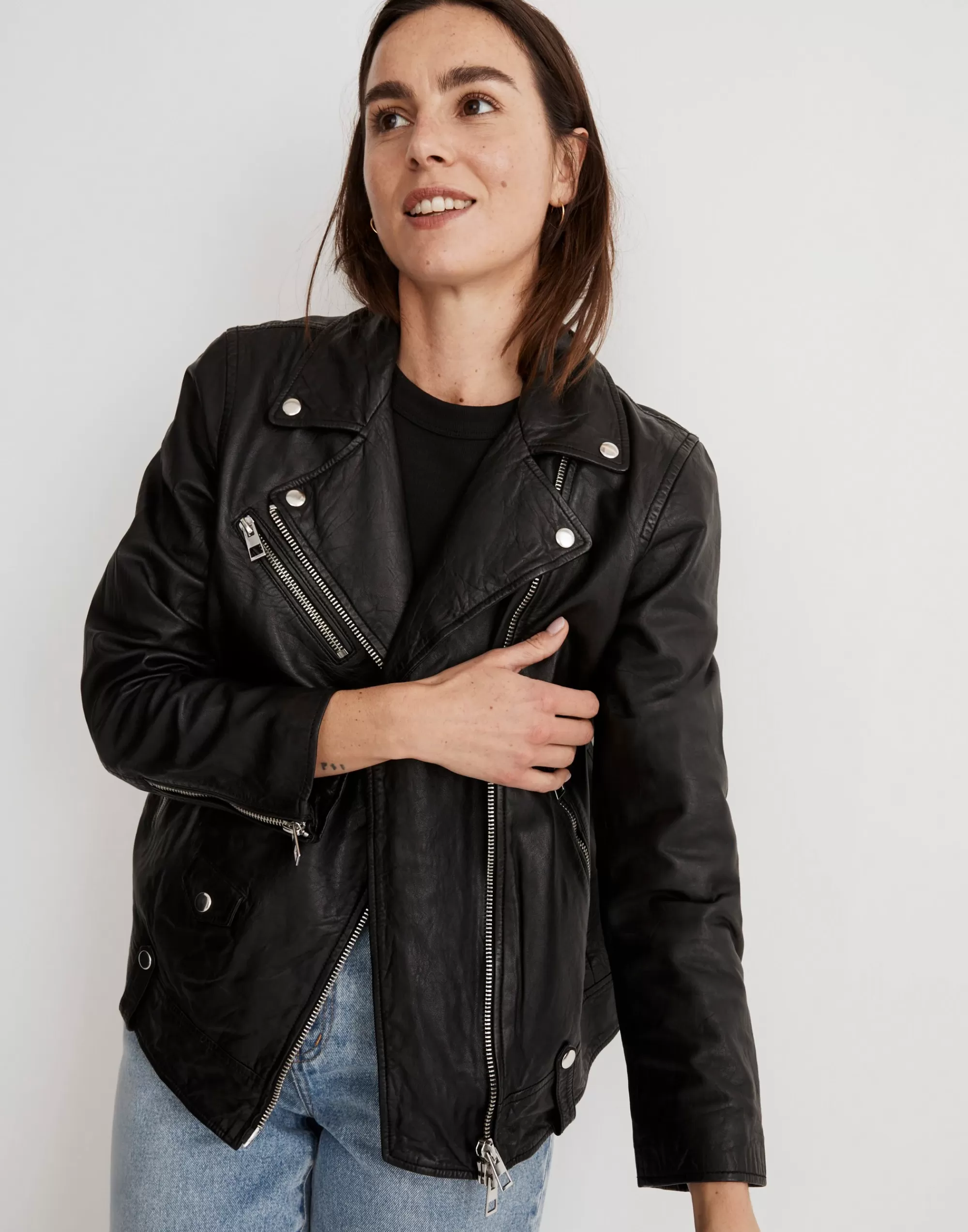 Madewell Jackets>Washed Leather Oversized Motorcycle Jacket True Black