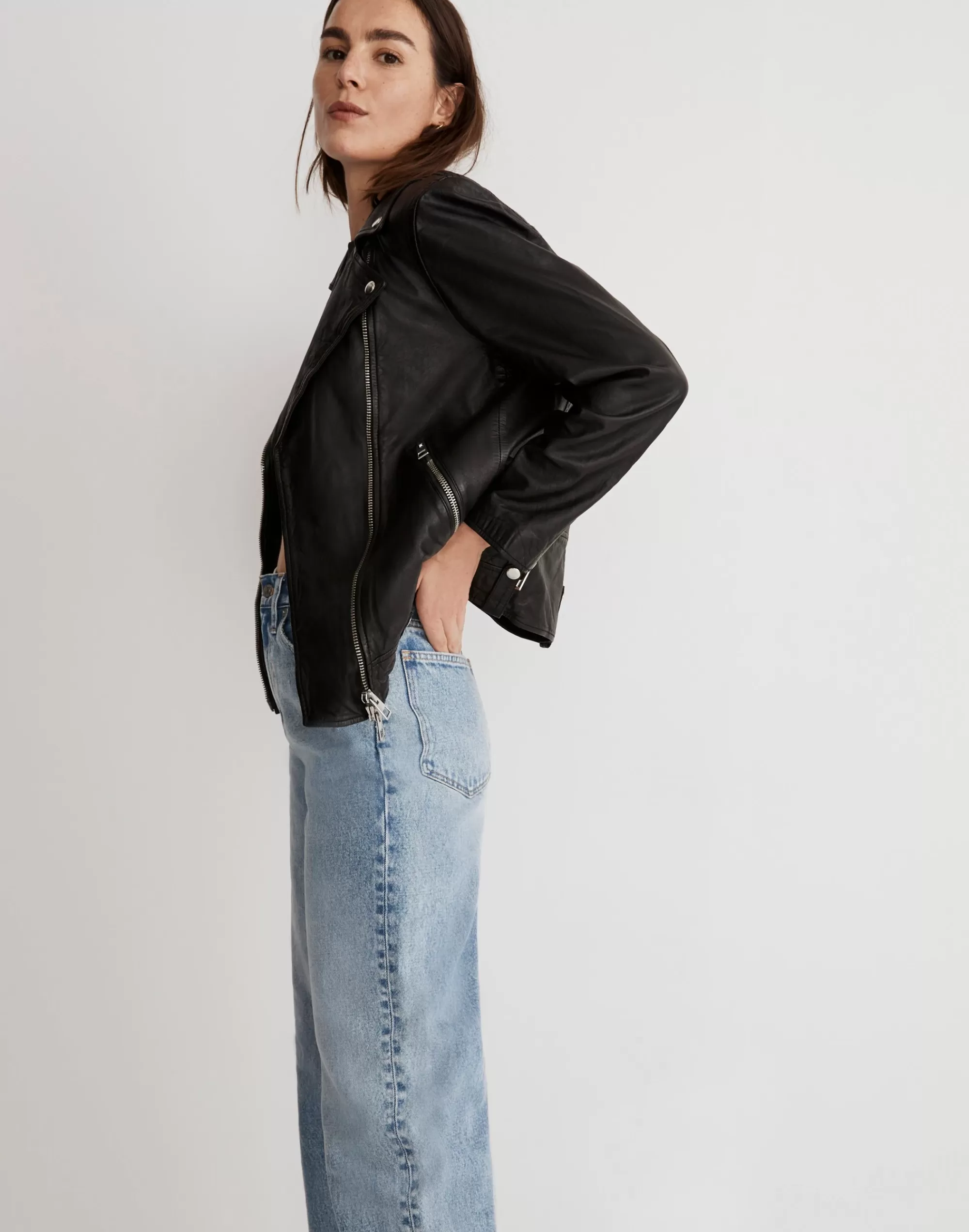 Madewell Jackets>Washed Leather Oversized Motorcycle Jacket True Black