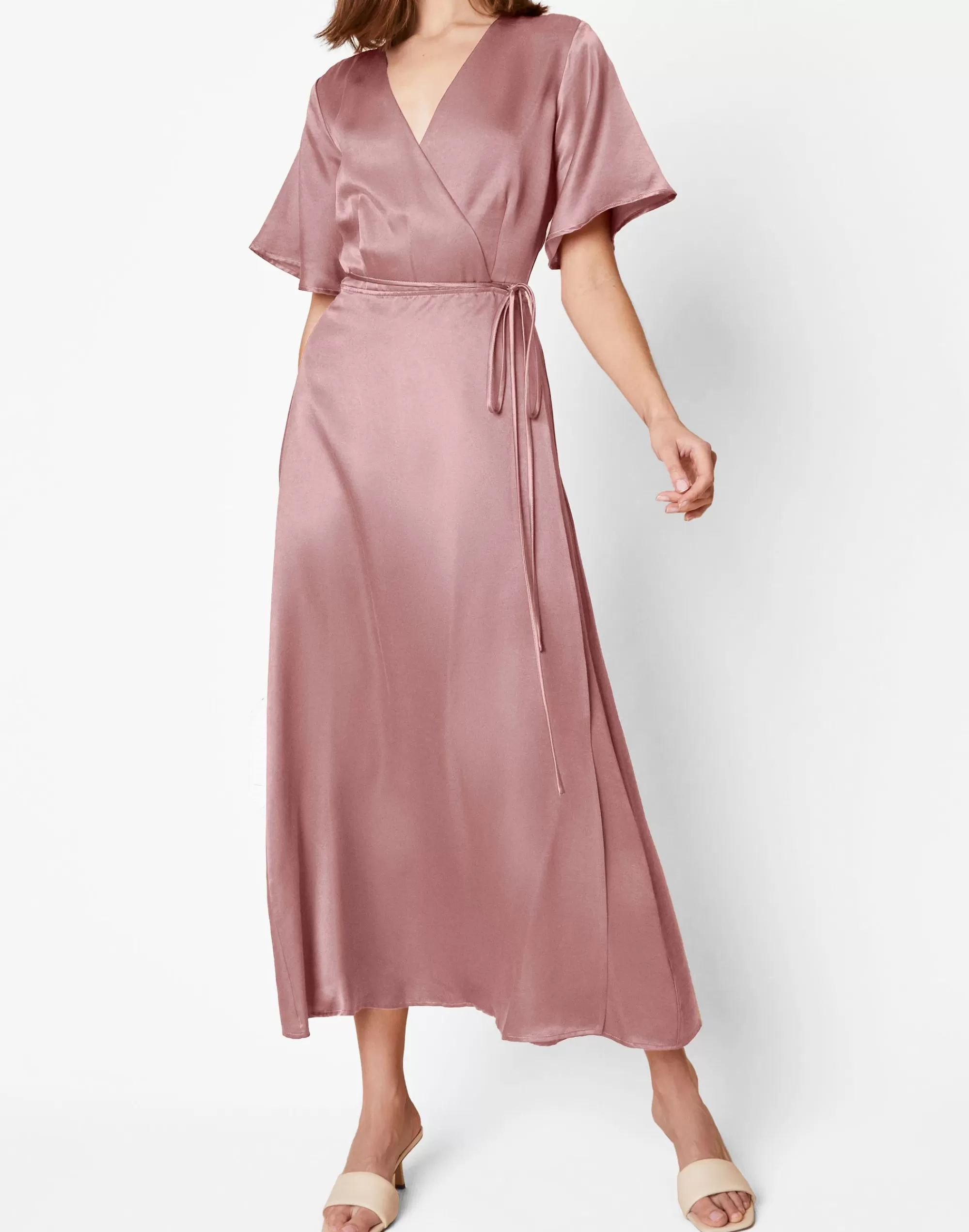 Madewell Dresses>Whimsy + Row Satin Lola Midi Wrap Dress Pink