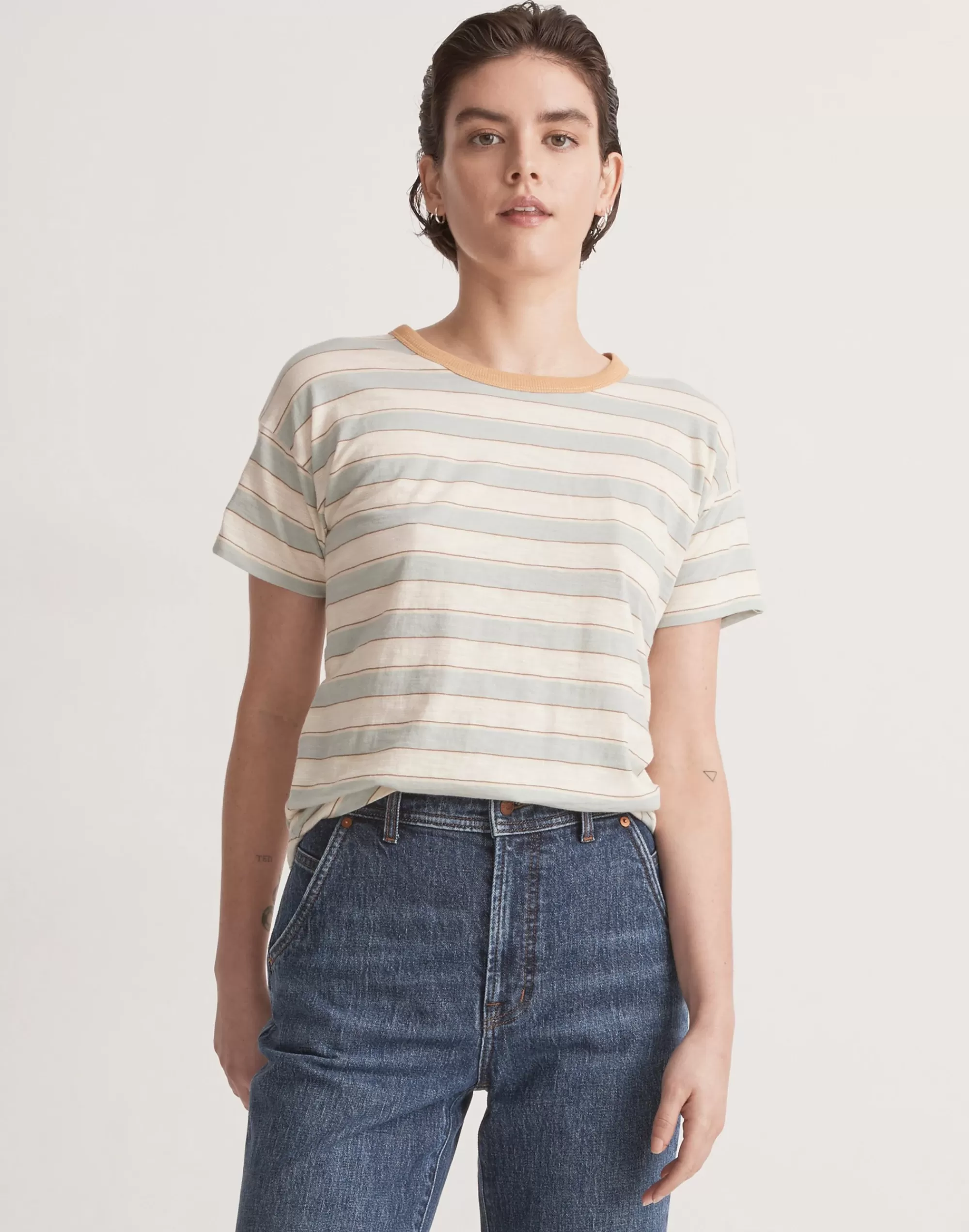 Madewell Tees>Whisper Cotton Crewneck Tee In Colewell Stripe Pale Celadon