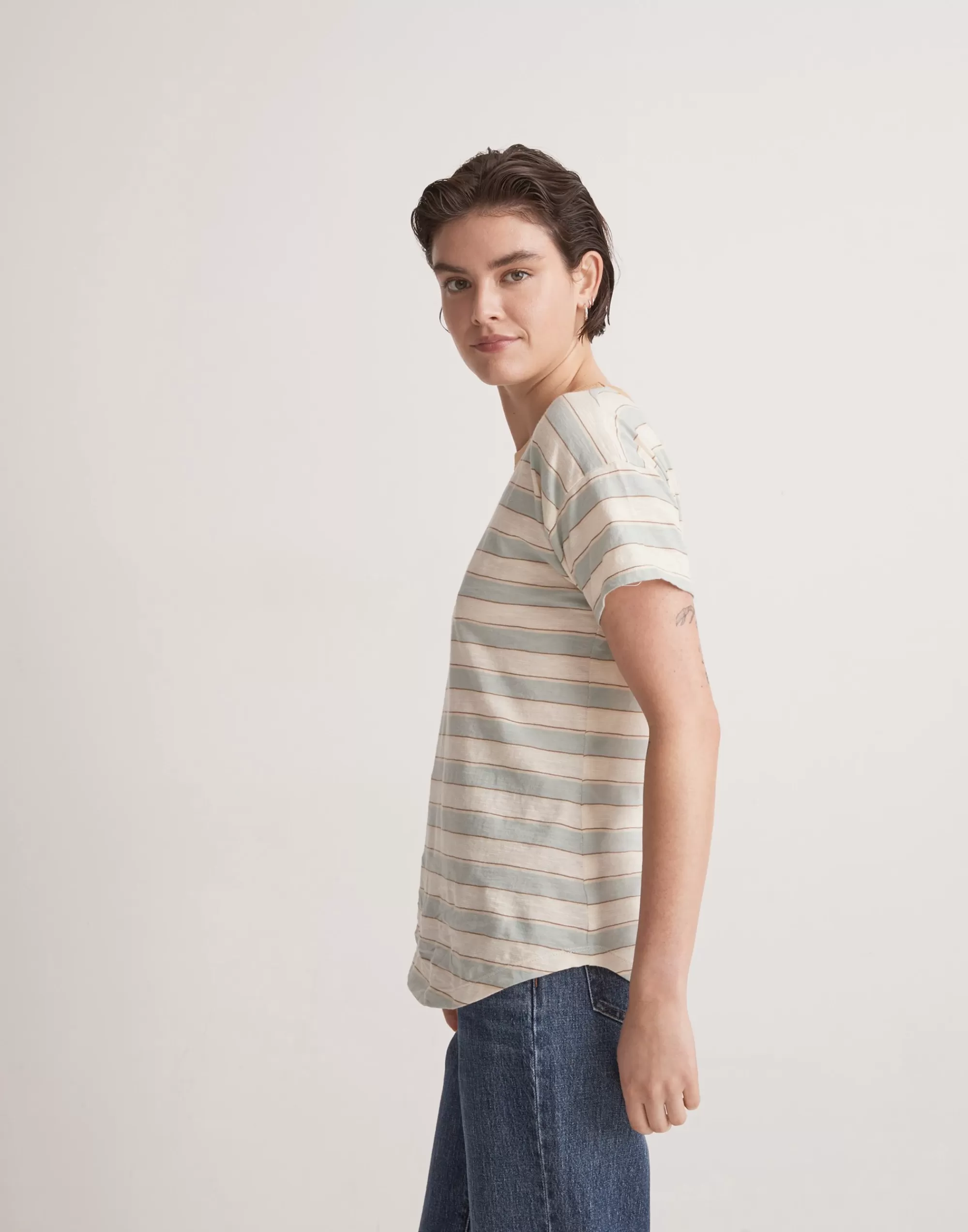 Madewell Tees>Whisper Cotton Crewneck Tee In Colewell Stripe Pale Celadon