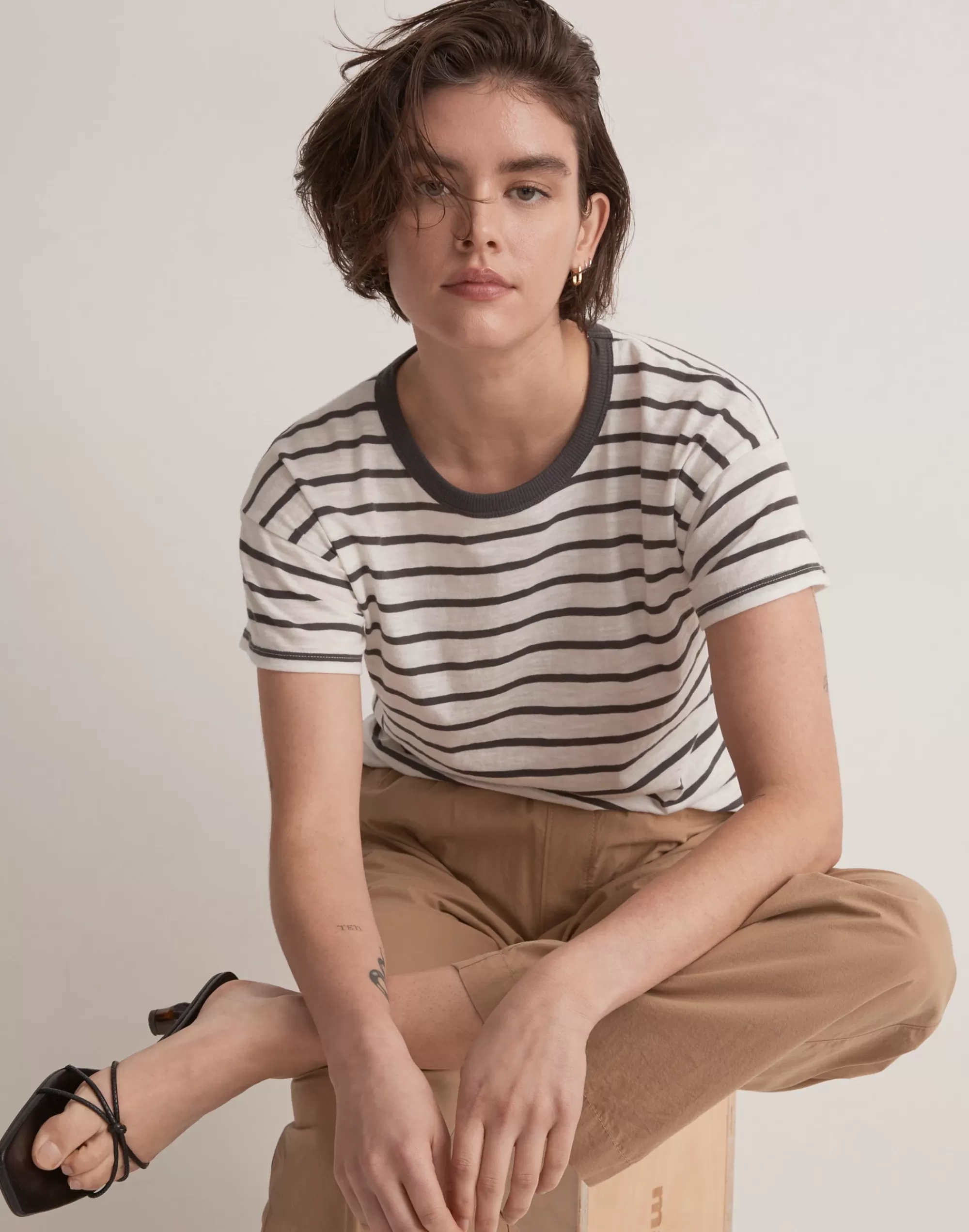 Madewell Tees>Whisper Cotton Crewneck Tee In Darville Stripe Lobster Stripe