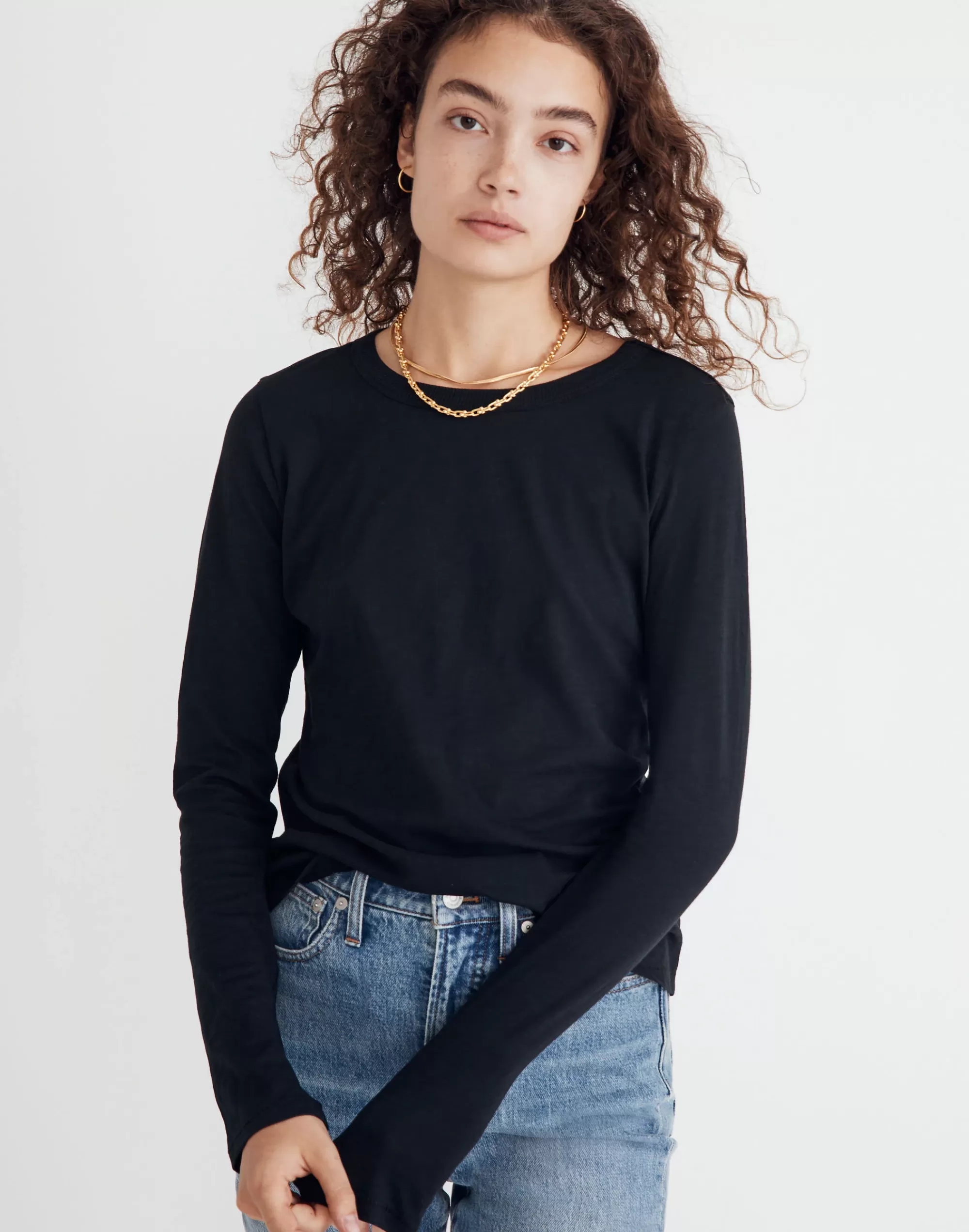 Madewell Tees>Whisper Cotton Rib-Crewneck Long-Sleeve Tee True Black