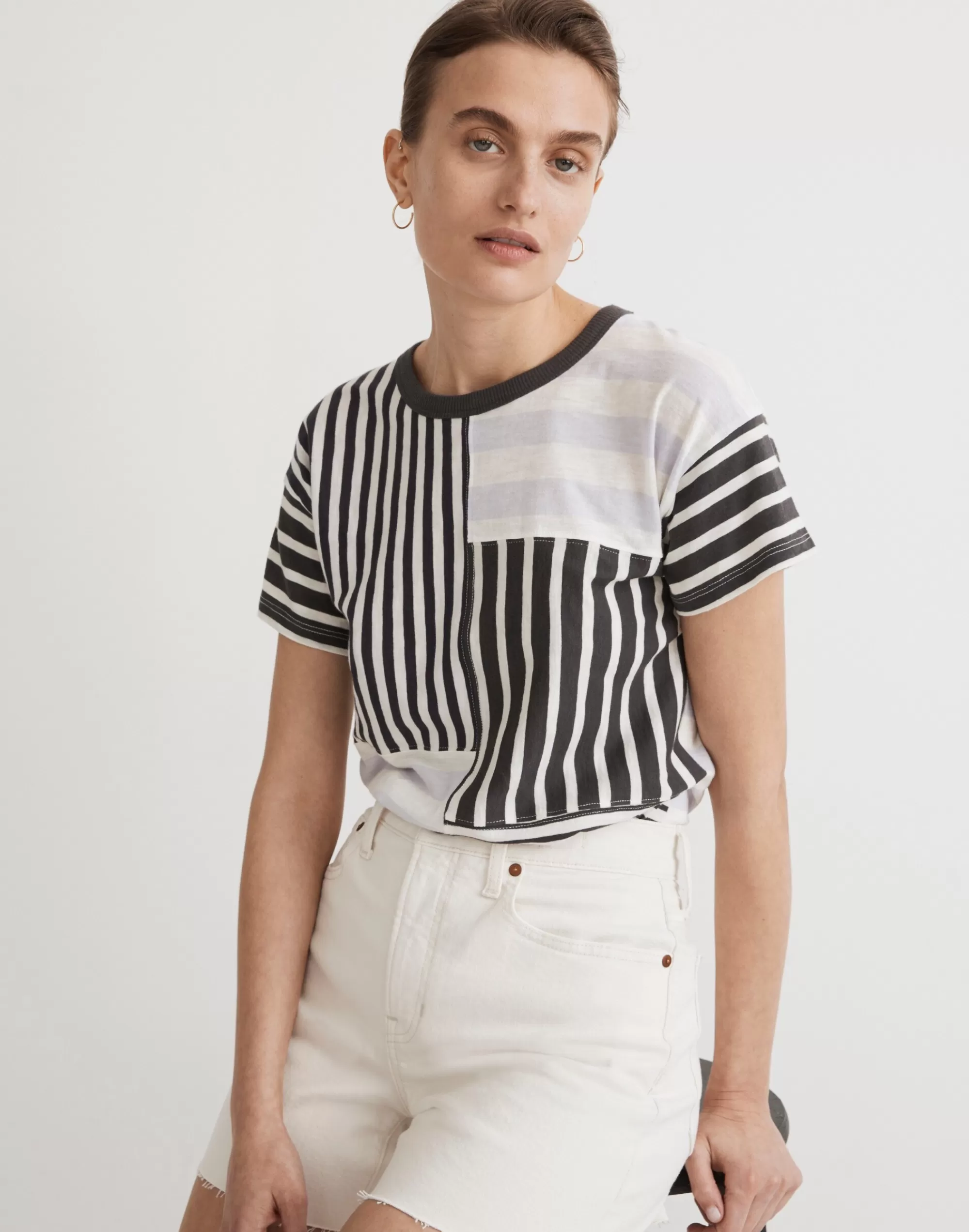 Madewell Tees>Whisper Cotton Rib-Crewneck Tee In Stripe Coal