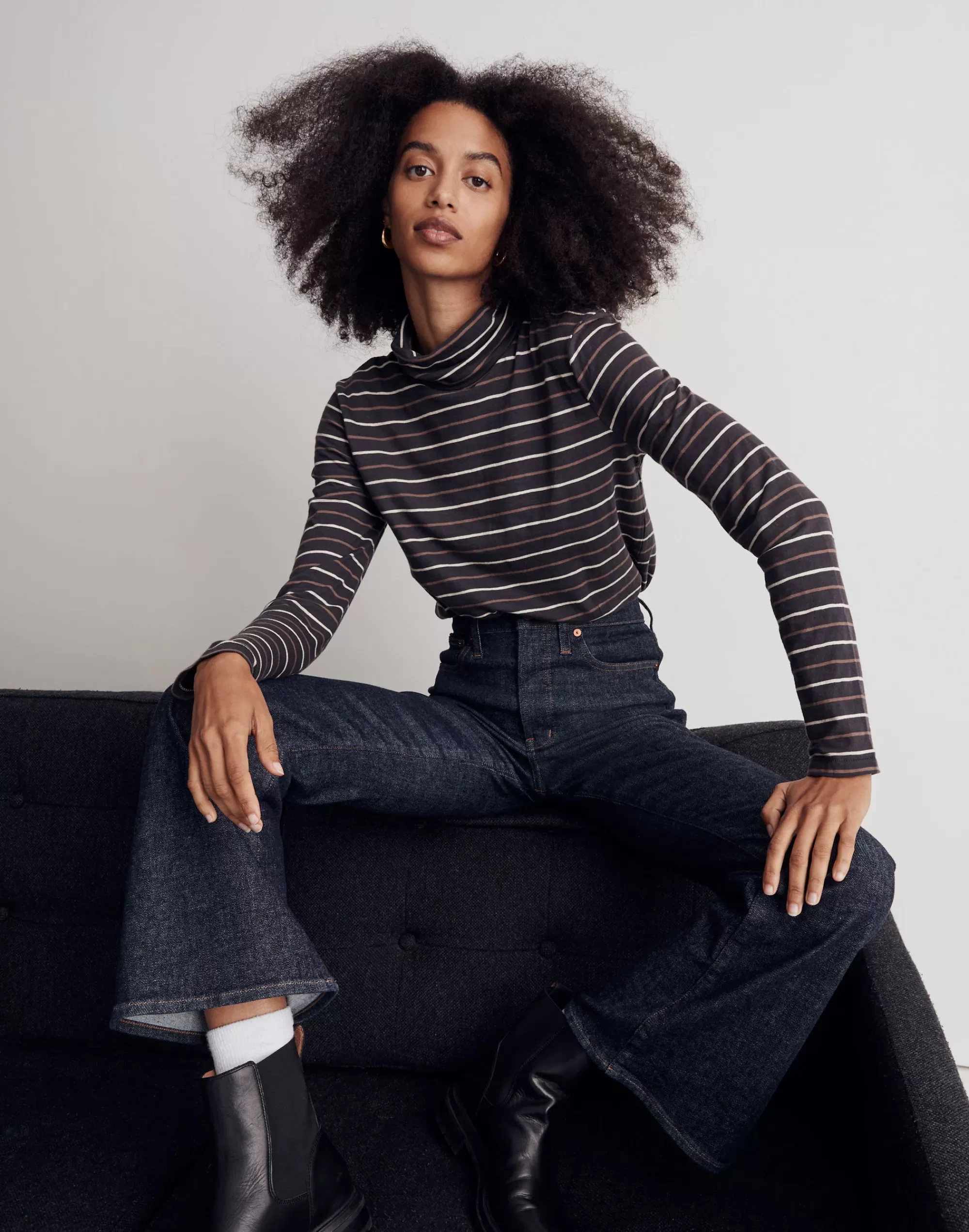 Madewell Tees>Whisper Cotton Turtleneck Top In Tessie Stripe Black Coal