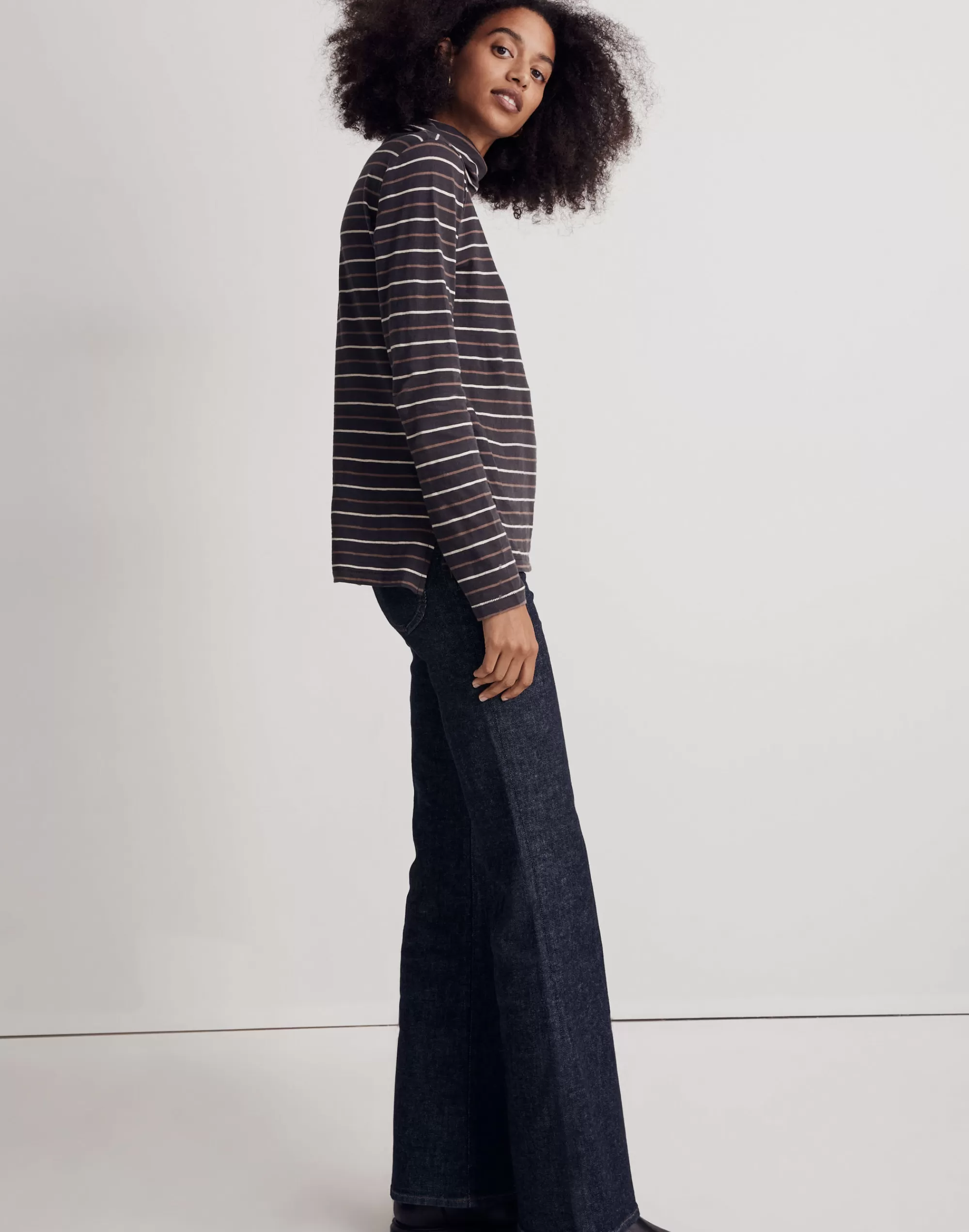 Madewell Tees>Whisper Cotton Turtleneck Top In Tessie Stripe Black Coal