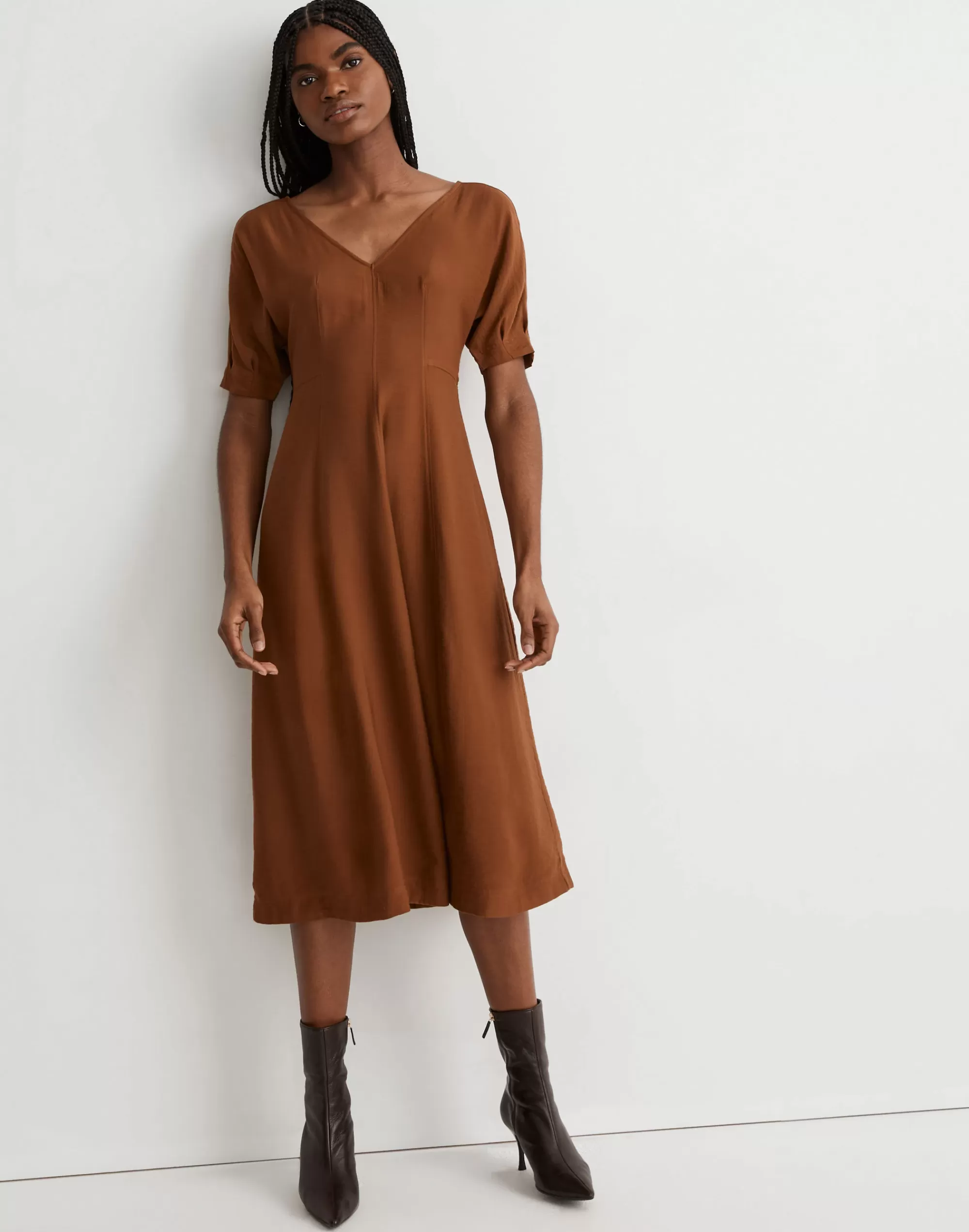 Madewell Dresses>Wide V-Neck Seamed Midi Dress Cinnamon Stick